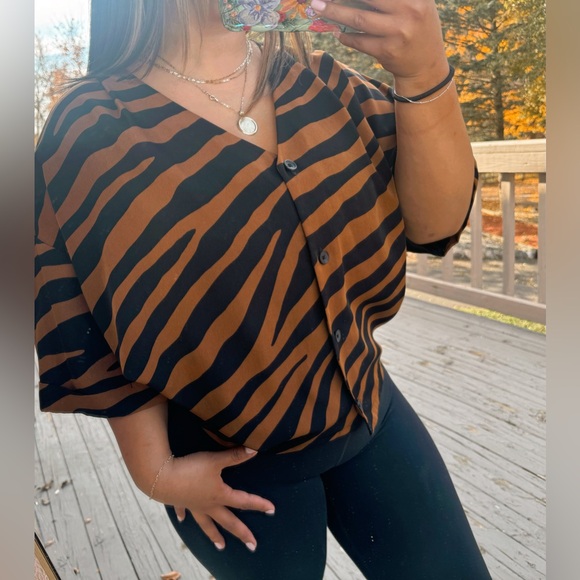 Worthington • Black and Brown Zebra Print Button Down Blouse - Picture 3 of 9